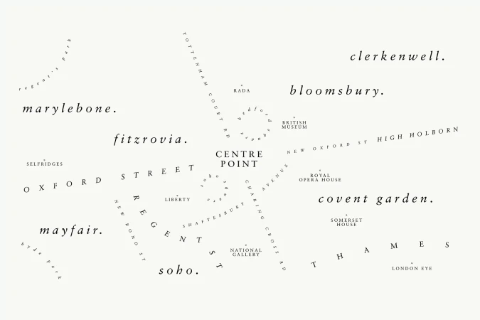 Map of London boroughs and landmarks featuring text labels for areas such as Marylebone, Soho, Covent Garden, and the London Eye.
