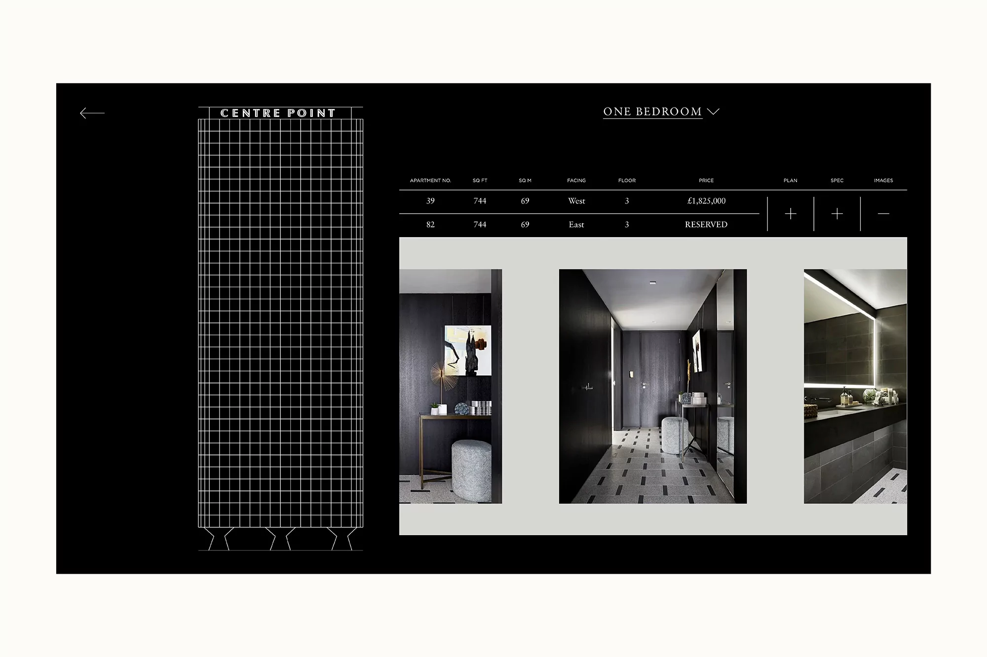 Interior design presentation featuring floor plans and design elements for a one-bedroom apartment with dark modern finishes.