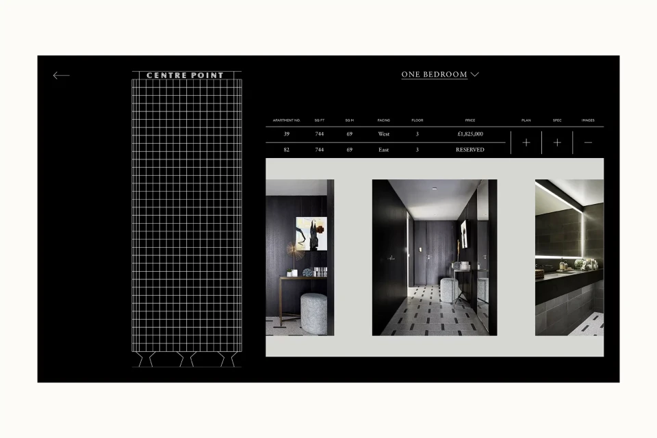 Interior design presentation featuring floor plans and design elements for a one-bedroom apartment with dark modern finishes.