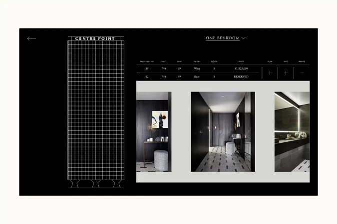 Interior design presentation featuring floor plans and design elements for a one-bedroom apartment with dark modern finishes.