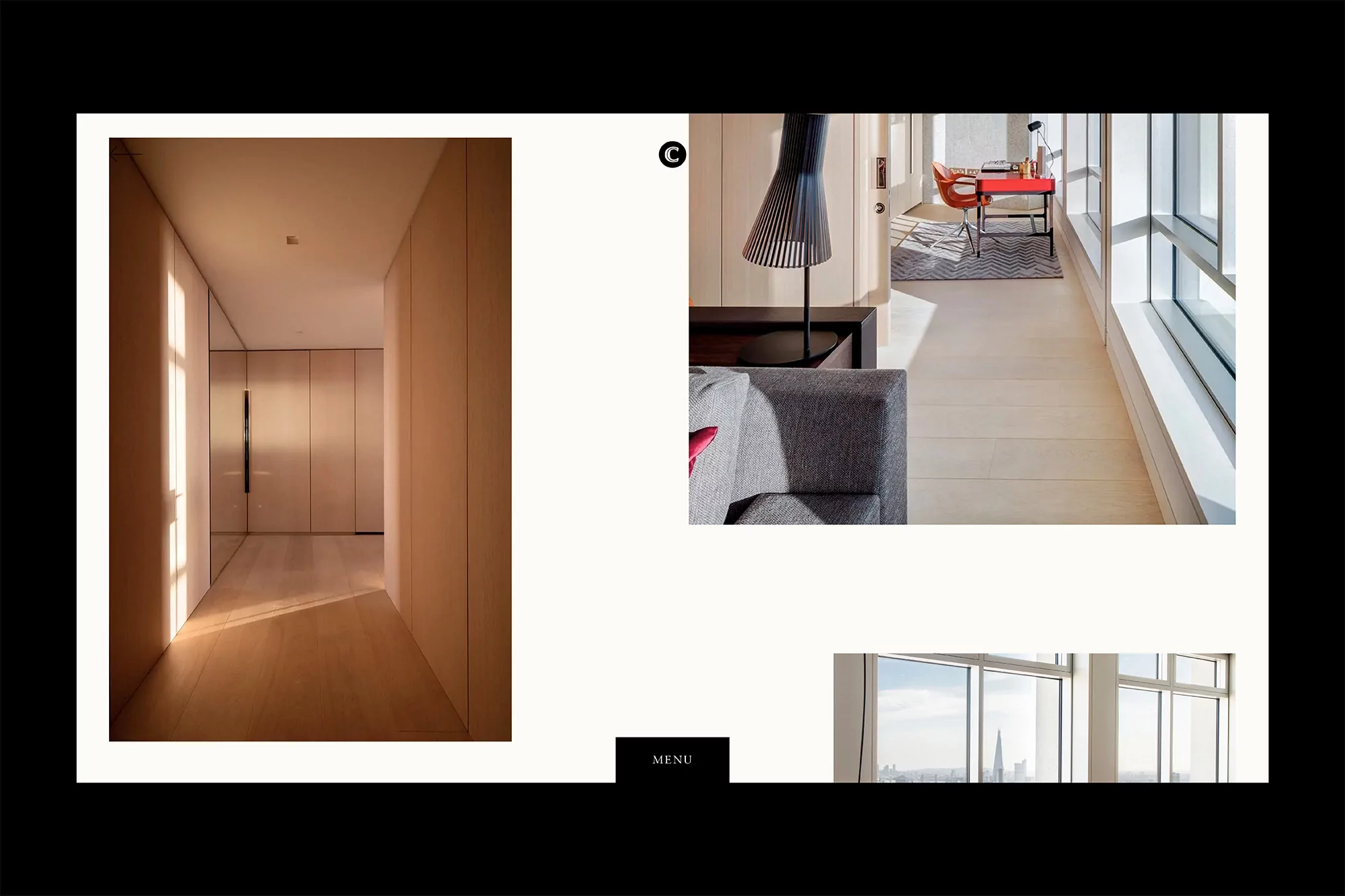 Modern apartment hallway with neutral tones, leading to a living area featuring a gray sofa and a window view of a cityscape.