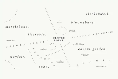 Typography map design featuring London neighbourhood names and landmarks arranged graphically on an off white background