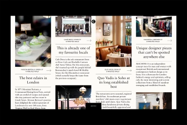 Editorial layout displaying multiple columns of text alongside various photographs of local London shops and restaurants.