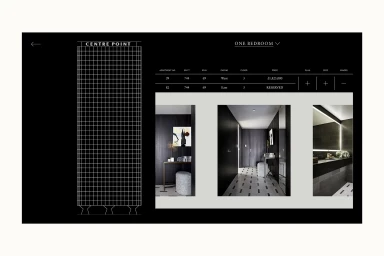 Digital interface layout showing architectural floor plans and interior photography for Centre Point by Almacantar