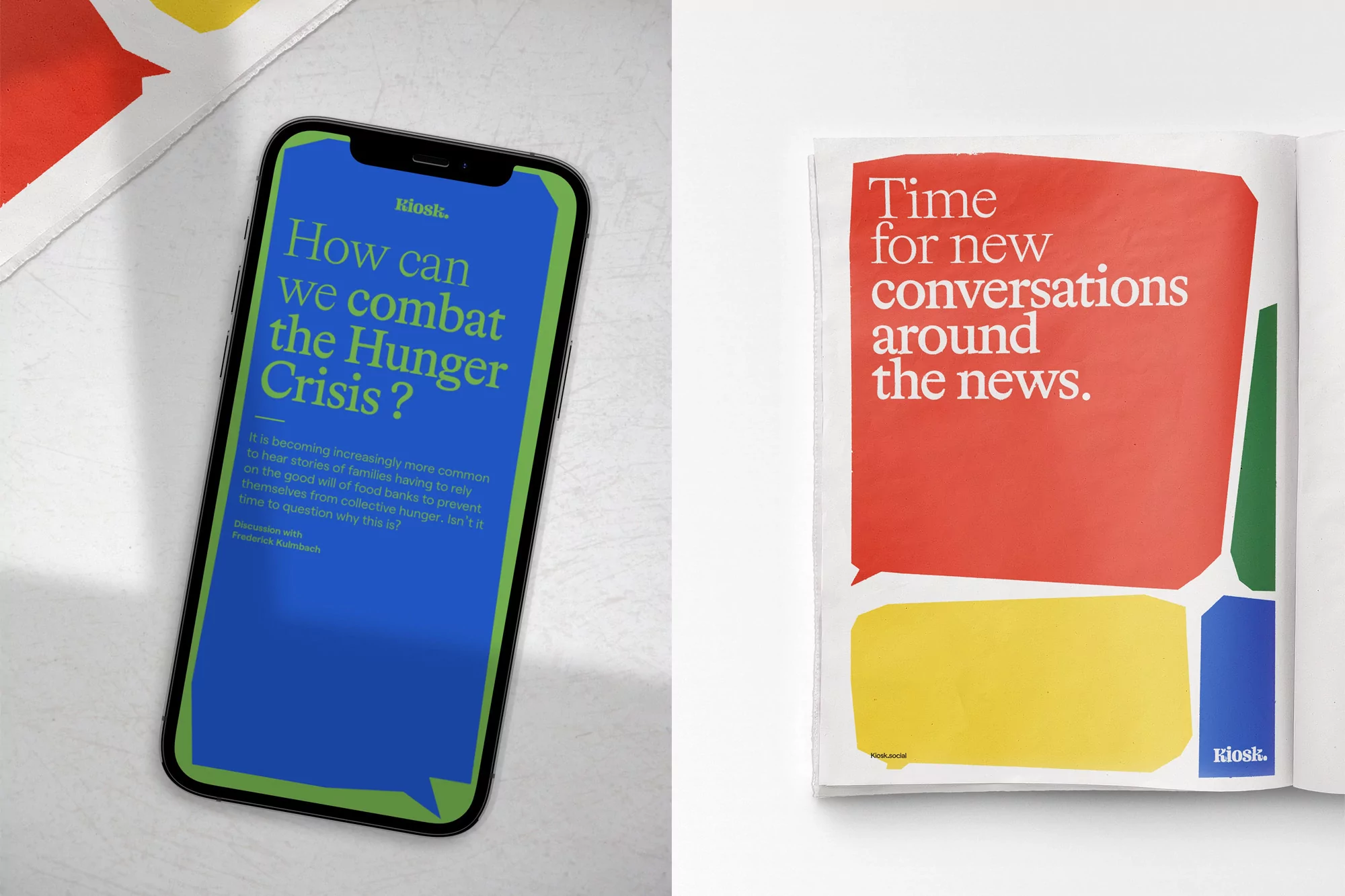 Mobile phone displaying Kiosk. post about hunger crisis sits next to magazine spread with geometric design and news conversation.