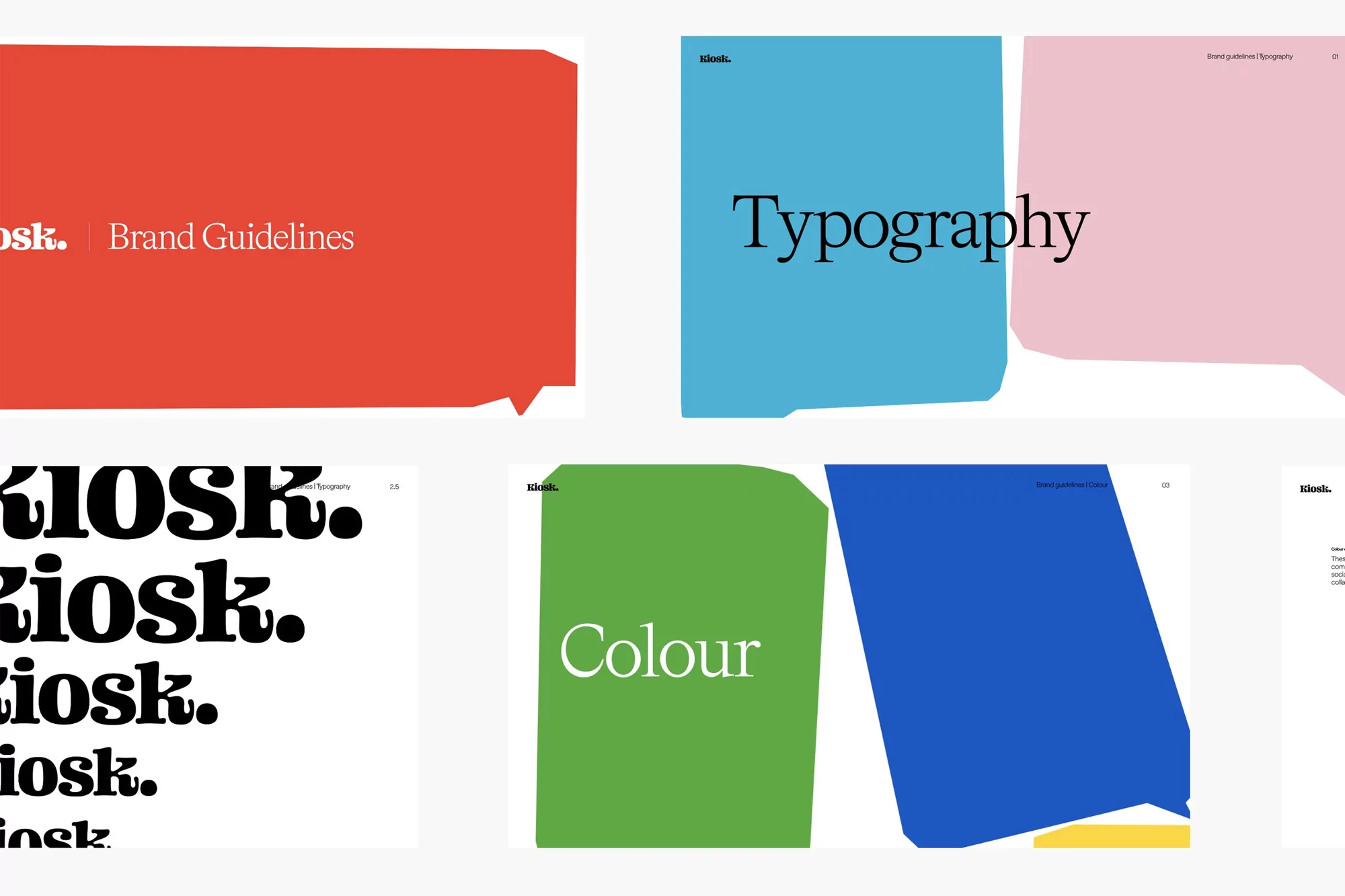 Colorful brand guidelines with geometric shapes in red, blue, green, and pink, featuring bold typography and the 'kiosk.' logo.