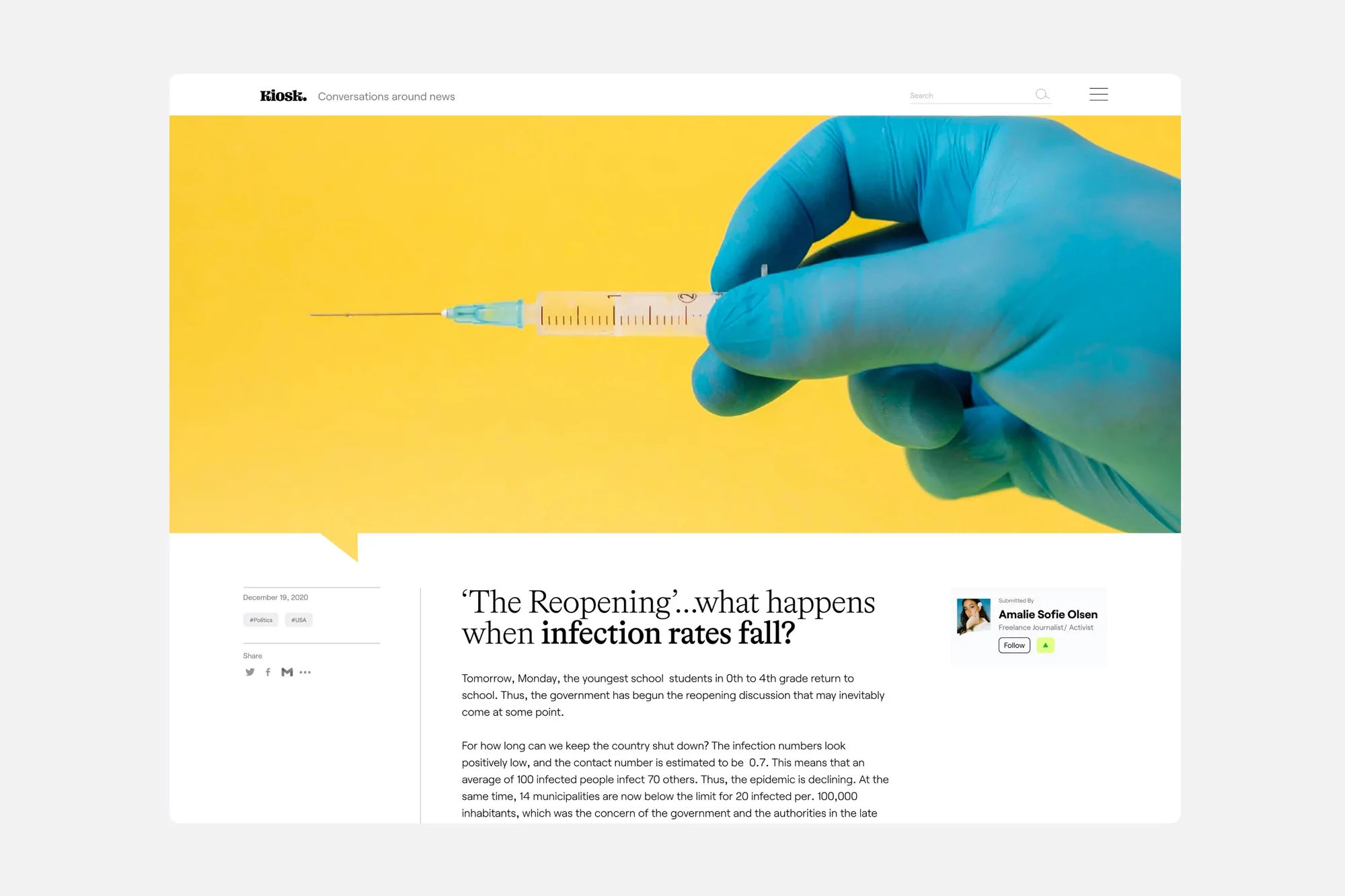 Close-up of a gloved hand holding a syringe with a yellow background from a news website about reopening after infection rates fall.