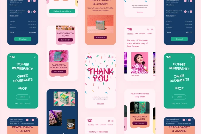 Multiple smartphone screens display vibrant e-commerce interfaces for ordering coffee, donuts, and related products in a flat-lay style.