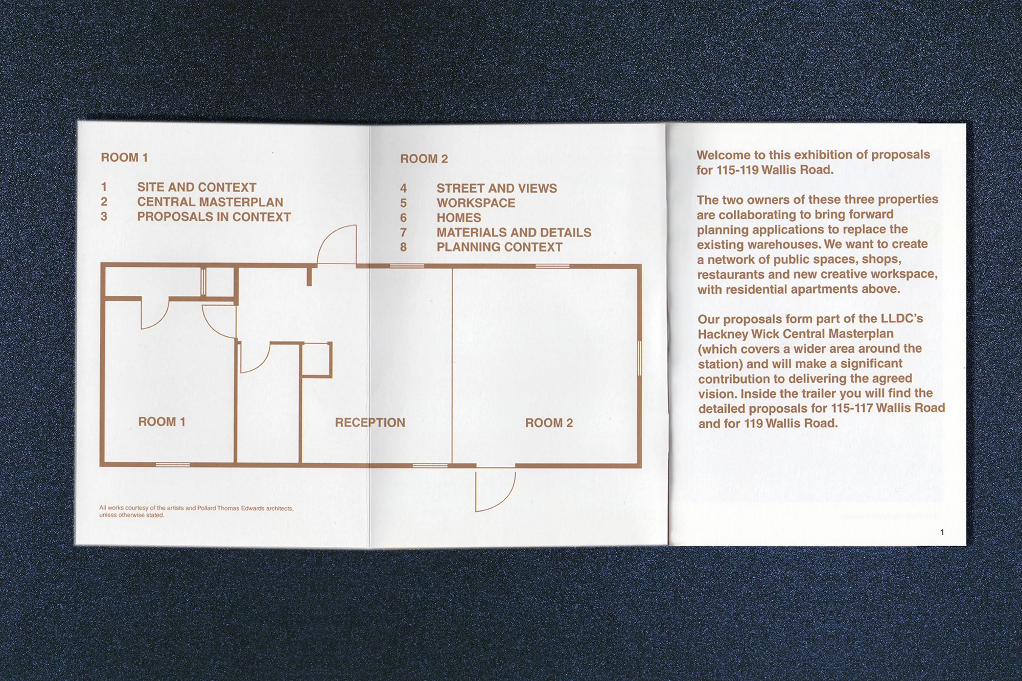 Exhibition proposal floor plan featuring rooms, reception areas, and architectural context, presented on a white informational brochure.