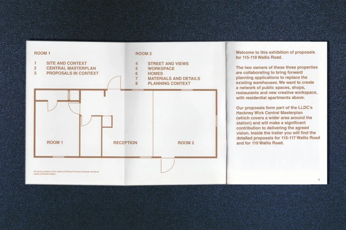 Exhibition proposal floor plan featuring rooms, reception areas, and architectural context, presented on a white informational brochure.