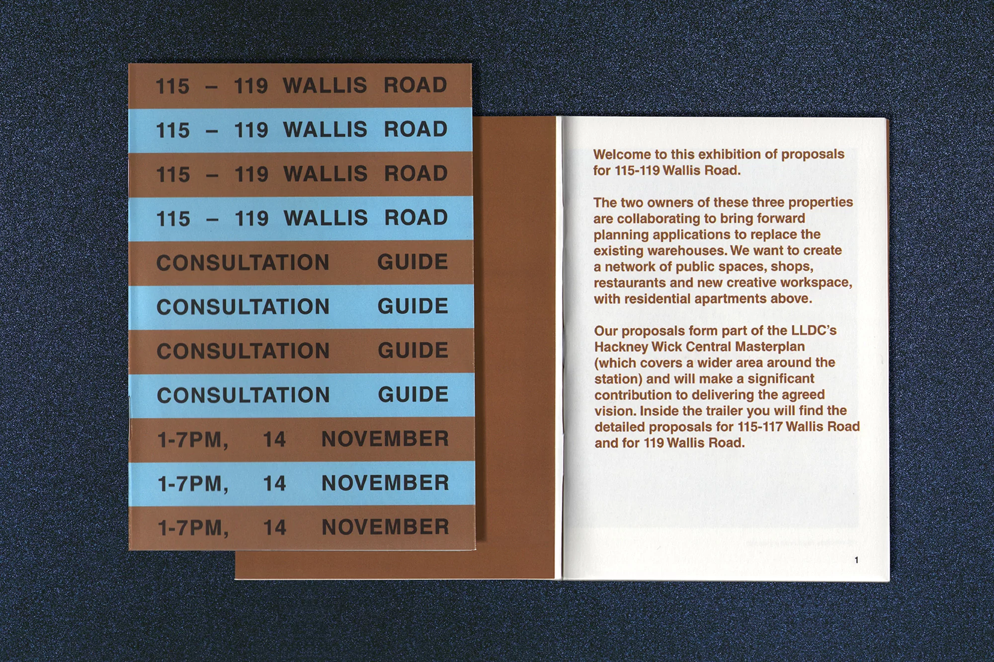 Exhibition proposals for 115-119 Wallis Road featuring consultation guides and exhibition text. Urban planning and architecture concept.