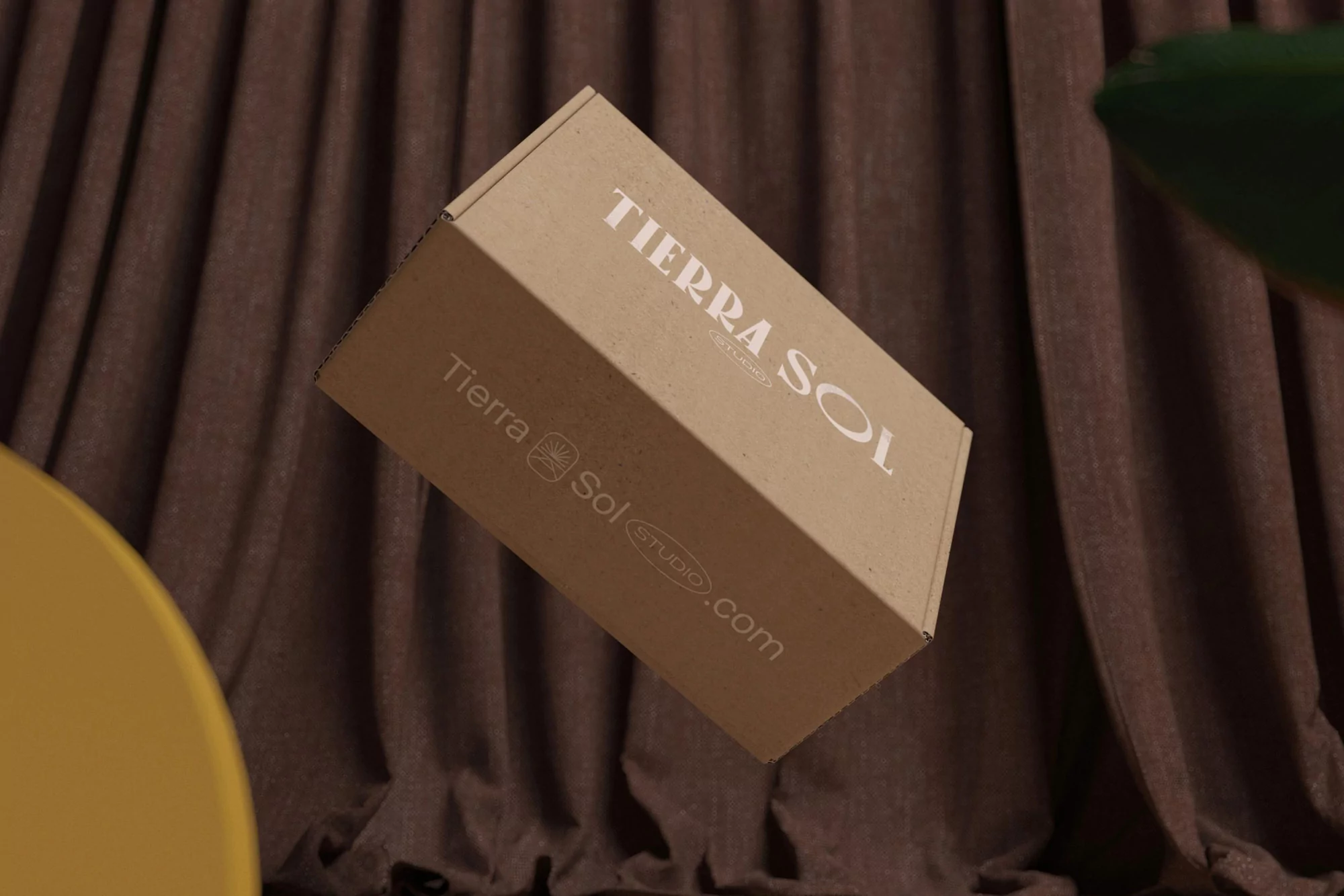 Elevated cardboard box with 'Tierra Sol Studio' logo against brown curtain and yellow disc, suggestive of product presentation.
