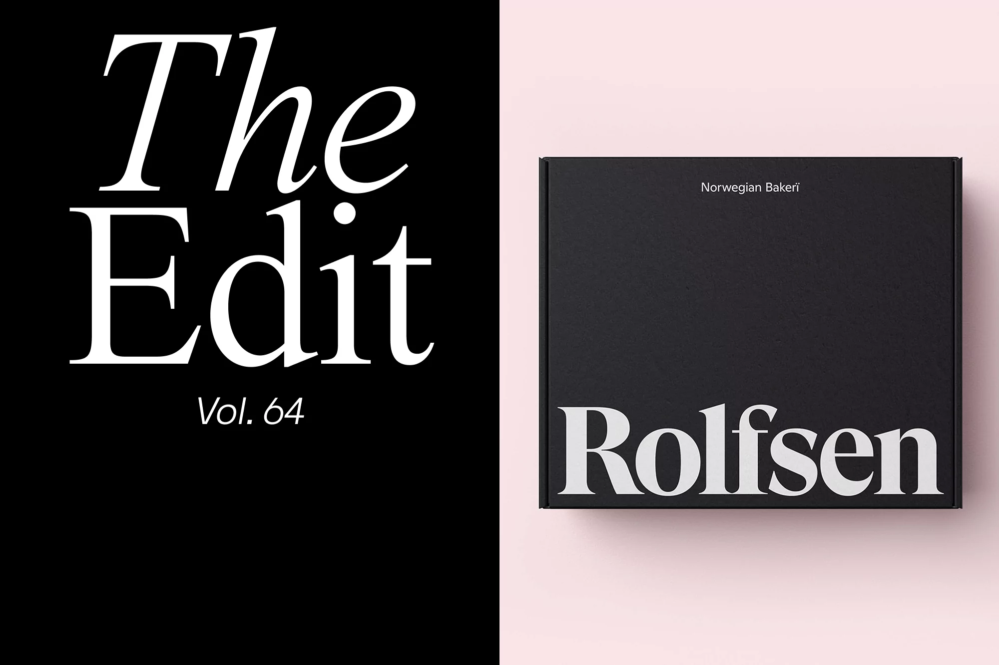 Graphic design featuring a black box with white text 'Rolfsen' and 'Norwegian Bakeri,' set against a split black and light pink background.