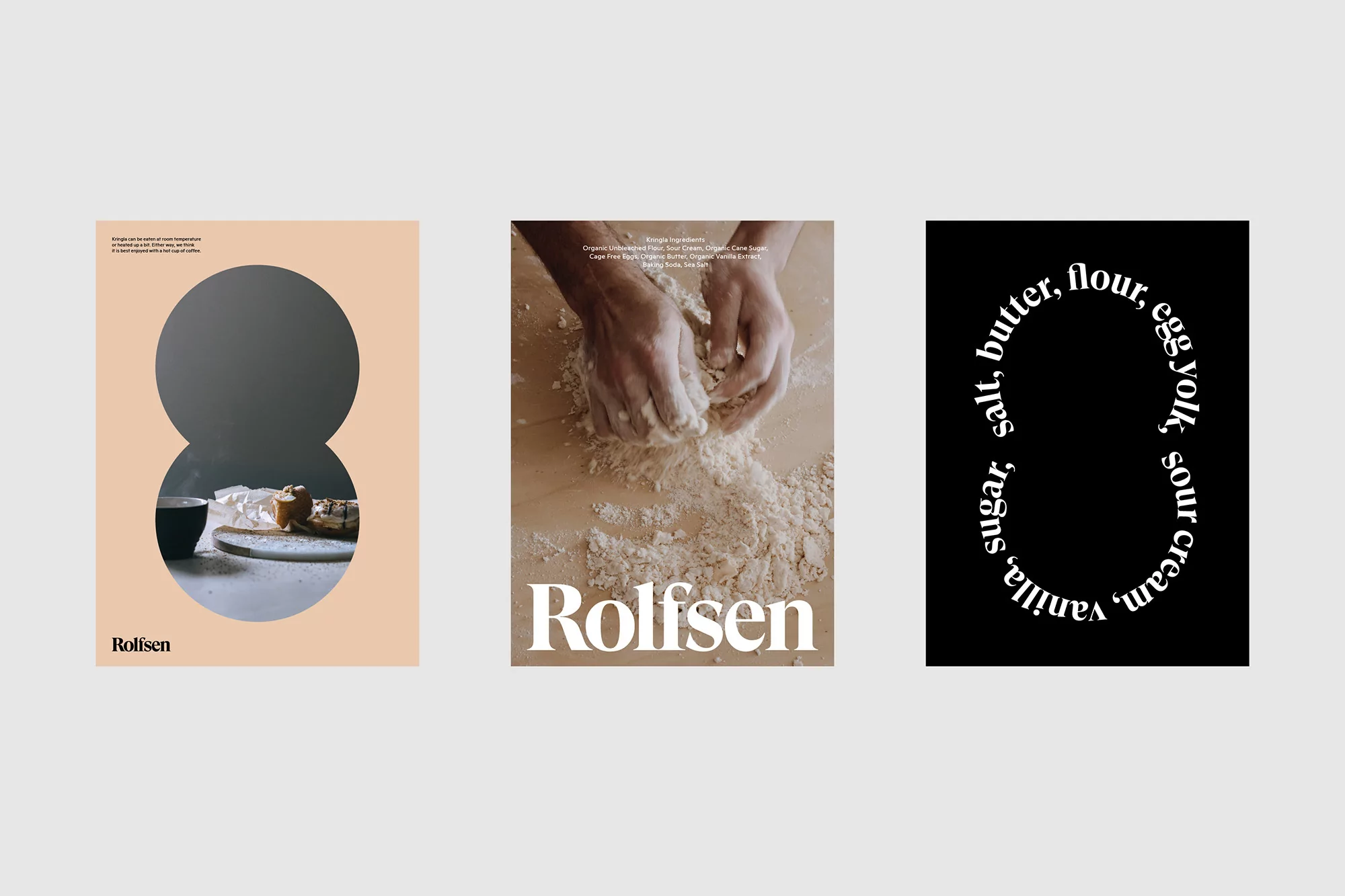 Three culinary posters featuring images of cake with dark gray circles, hands kneading dough, and ingredient list in a circular form.