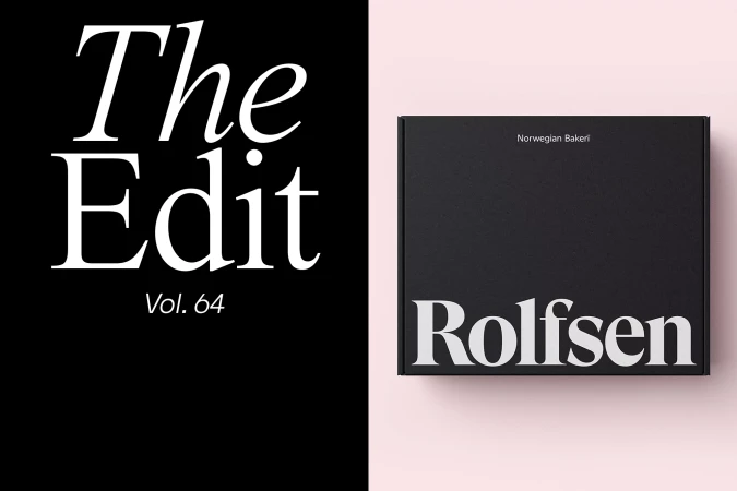 Black packaging box with bold white Rolfsen typography set against a split black and pale pink background layout.
