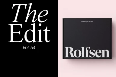 Black packaging box with bold white Rolfsen typography set against a split black and pale pink background layout.