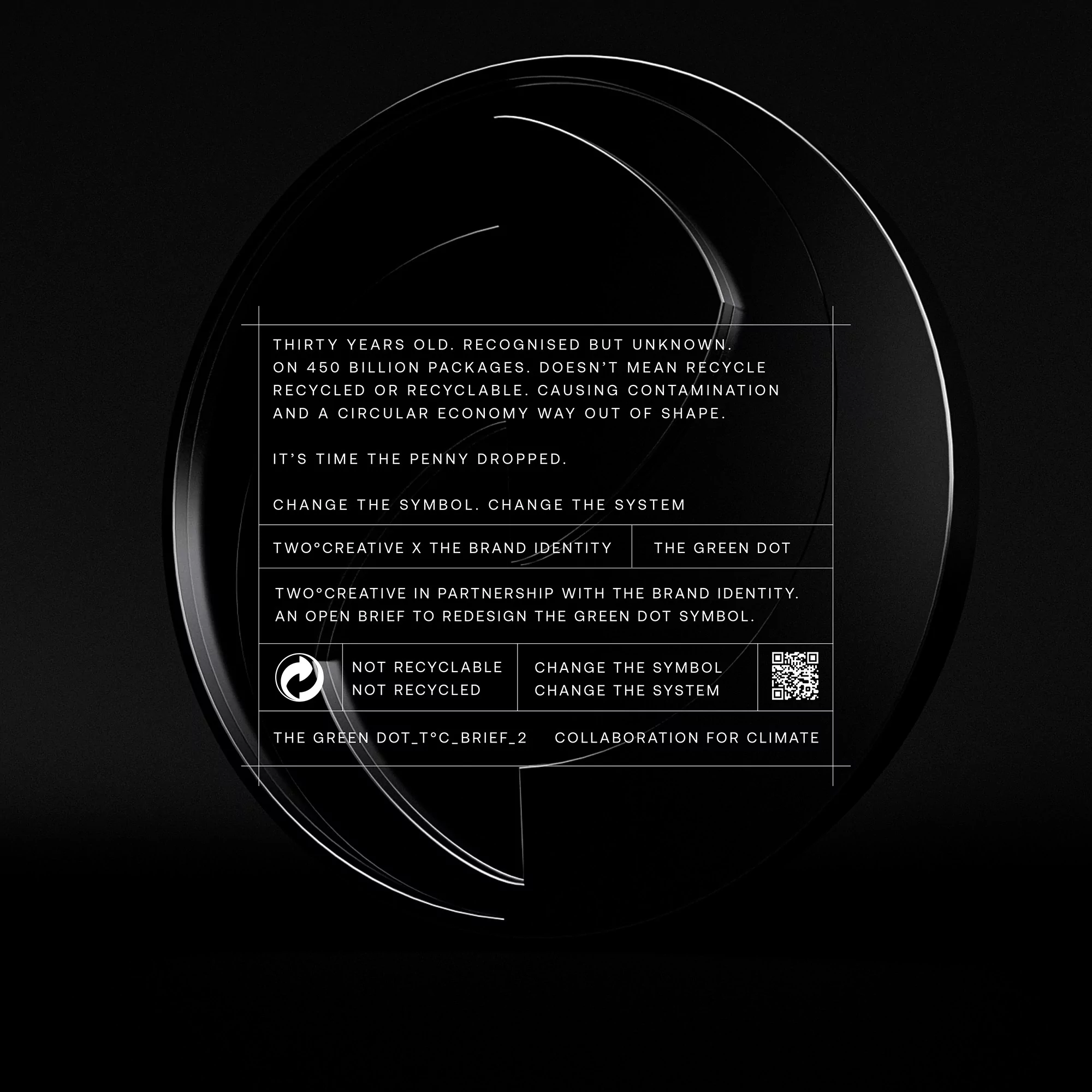 Abstract image with black sphere, white lines, and superimposed text promotes a campaign to redesign the Green Dot recycling symbol.