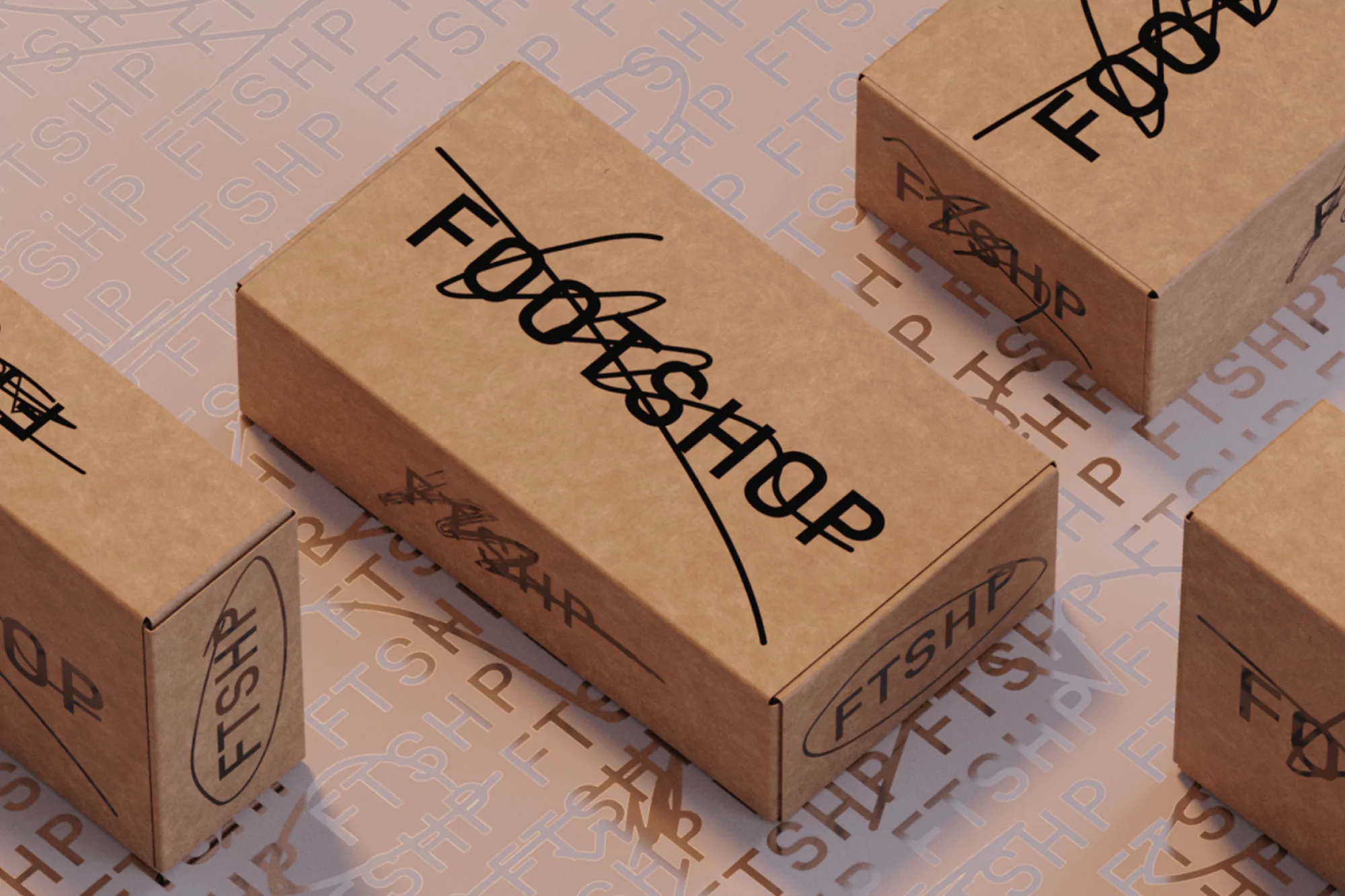 Arrangement of four tan cardboard boxes with the word 'Footshop' printed on them on a light pink surface with the text 'FTSHP' repeated.