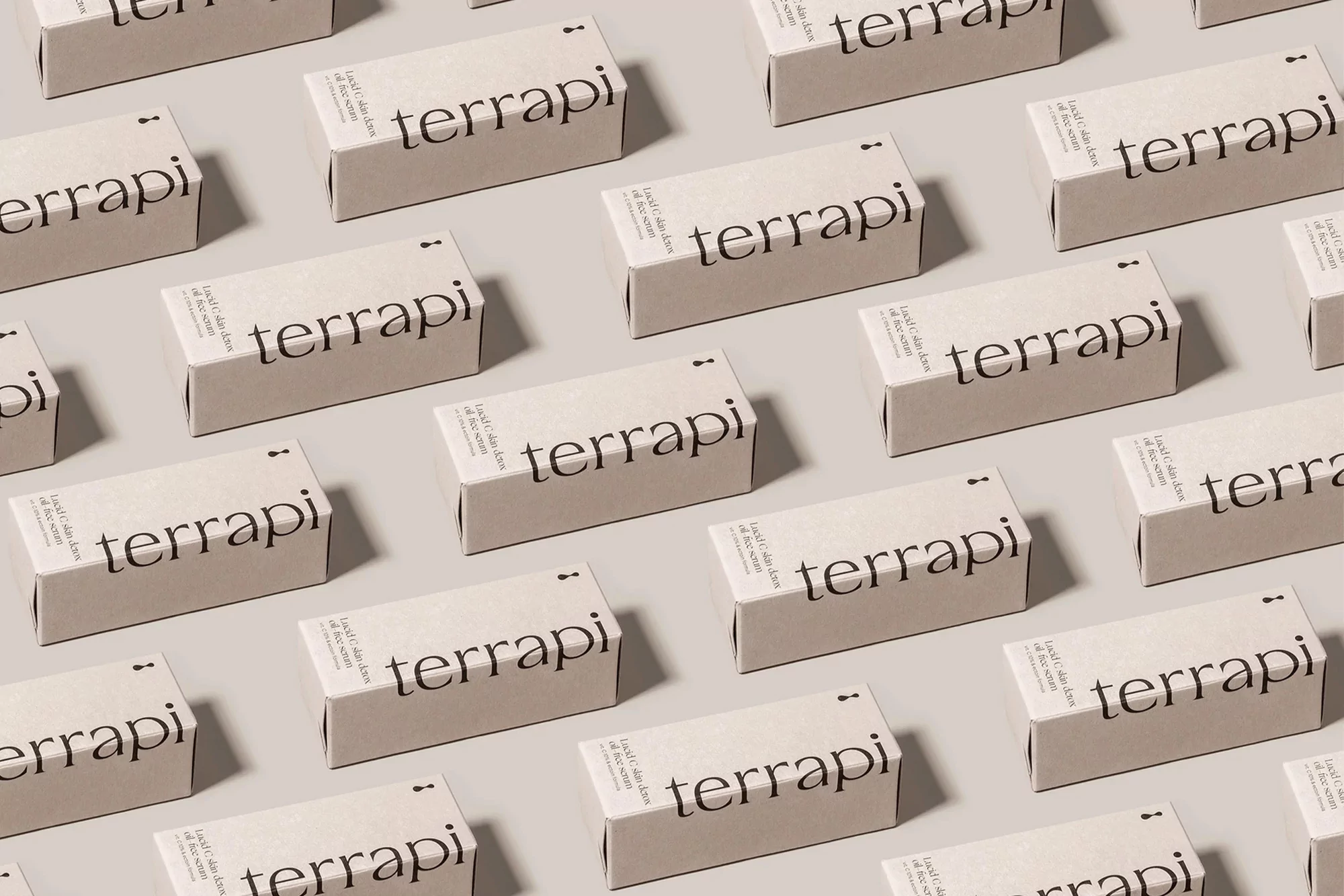 Multiple boxes of Terrapai skin-care products are arranged in a grid pattern on a light-beige surface, displaying a clean, minimalist aesthetic.