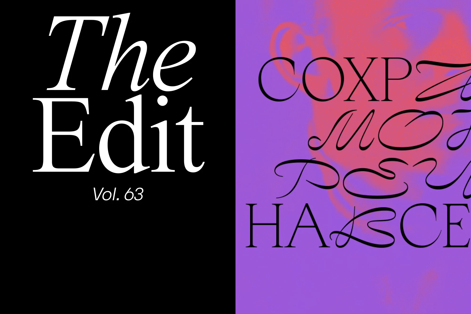 Magazine cover featuring modern typography in black on a split black and purple background with blurred pink and purple.