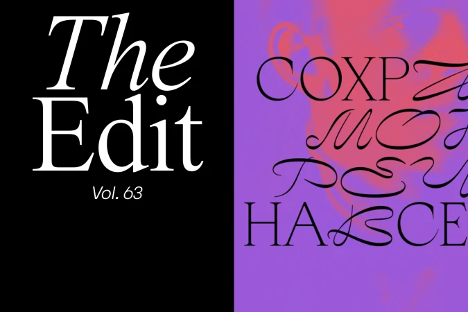 Magazine cover featuring modern typography in black on a split black and purple background with blurred pink and purple.