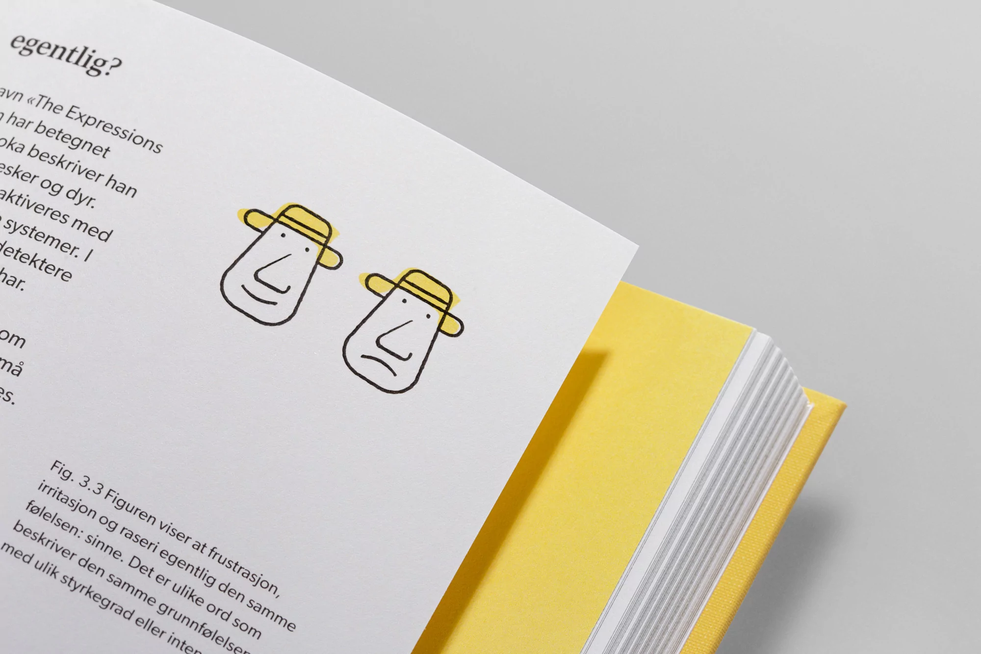 Close-up of an open book with yellow cover featuring two cartoon-style faces with hats, printed on the pages, against a gray background.