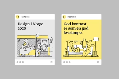Two illustrated social media post mockups for Okse featuring line art, typography, and yellow highlight blocks