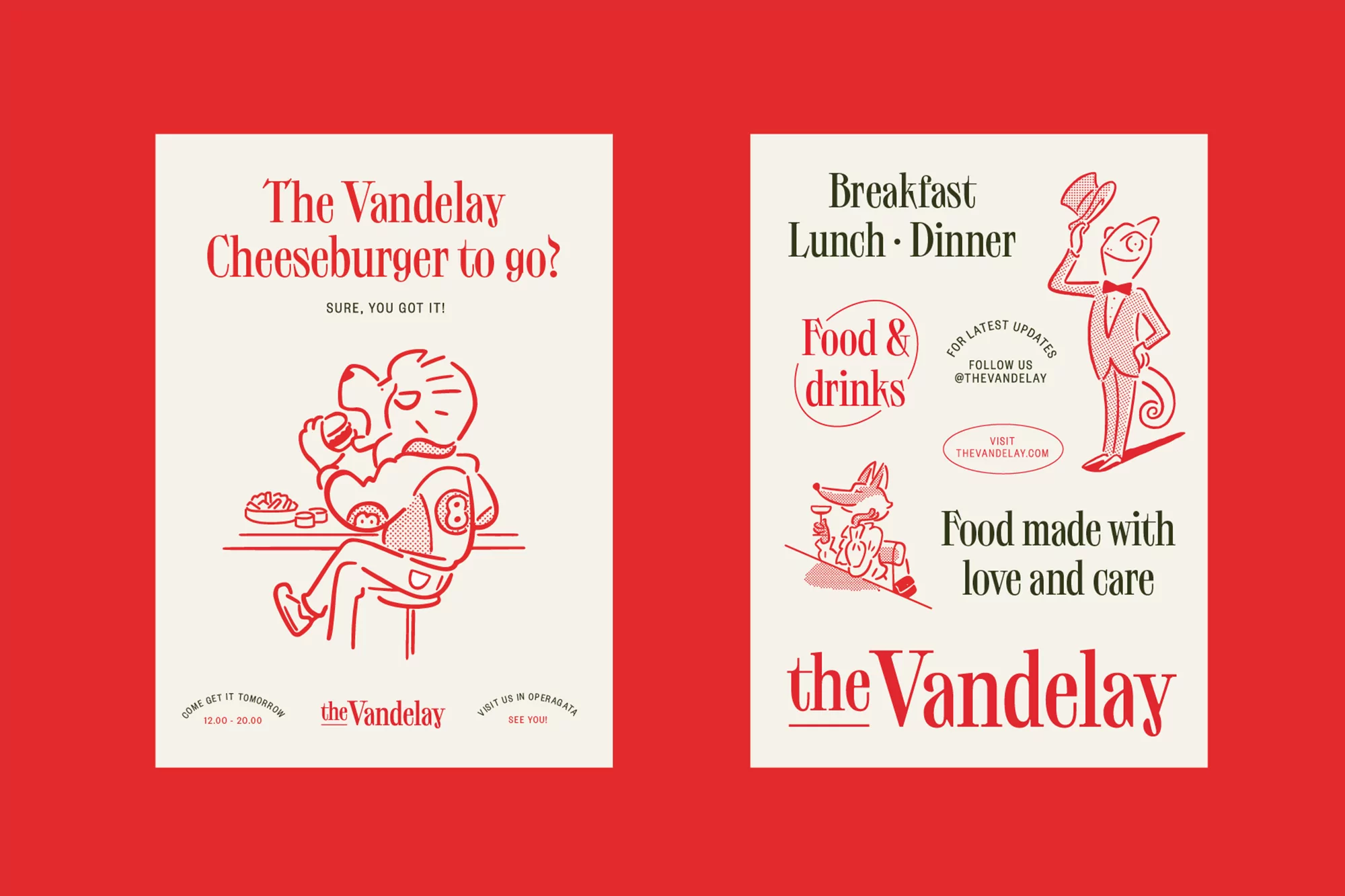 The Vandelay restaurant advertising posters. Cartoon dog eating cheeseburger and cartoon chameleon in tuxedo, in red on cream color scheme.