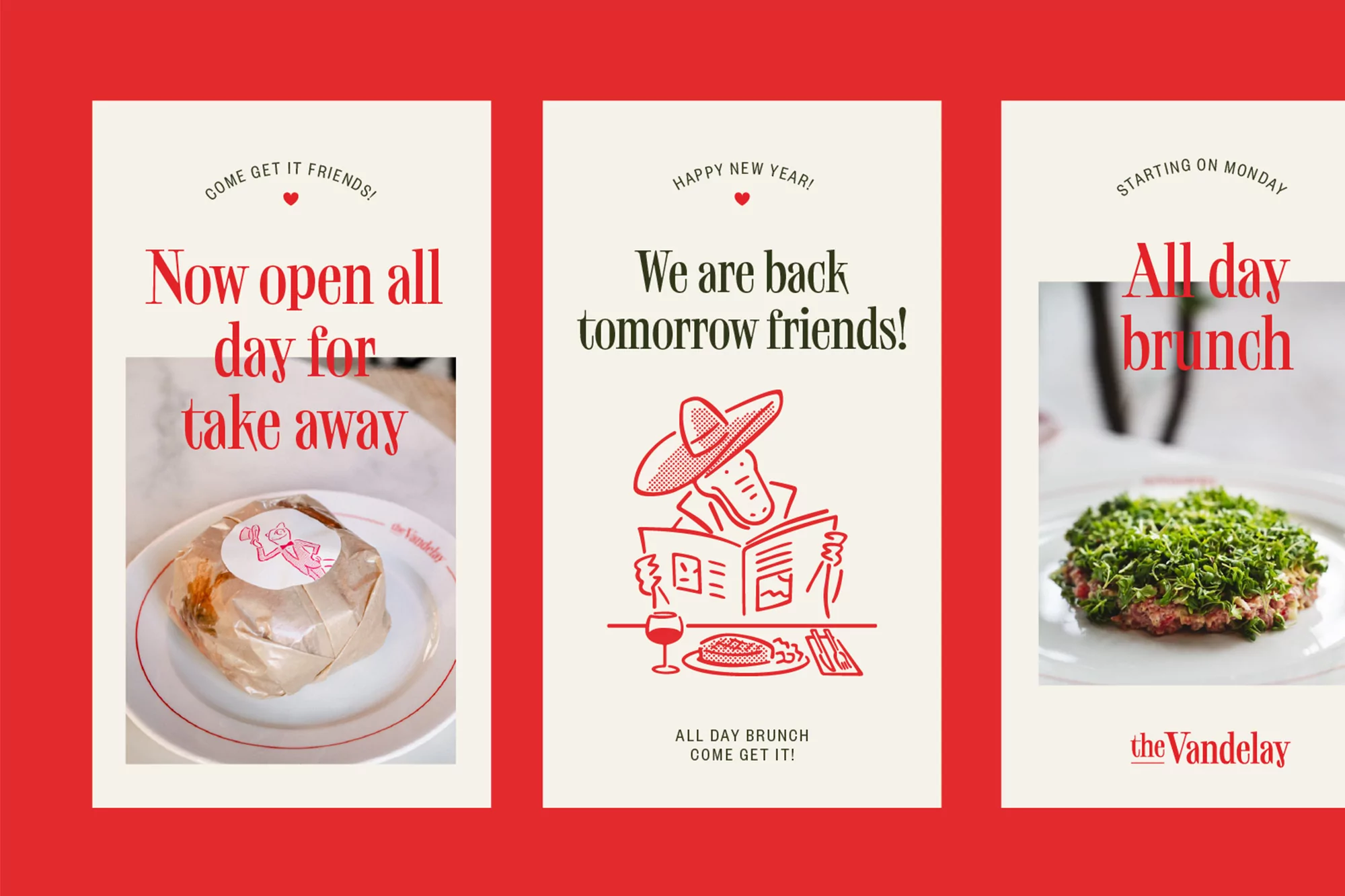 Promotional image displays a wrapped sandwich, cartoon character reading a newspaper, and a plate of brunch topped with greens.