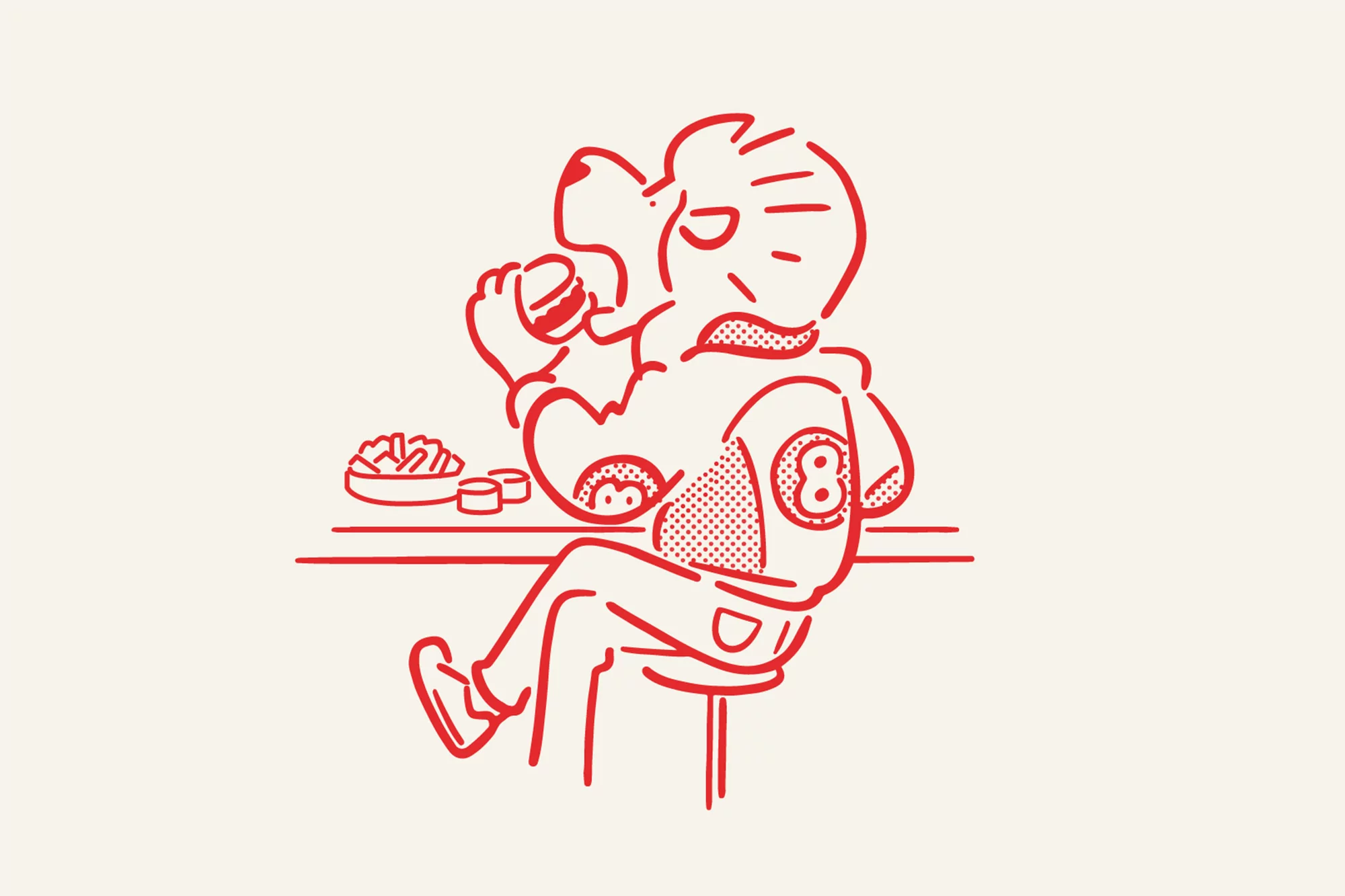 Stylized illustration of a cartoon bear eating a burger while sitting at a table with a bowl of fries and a drink.