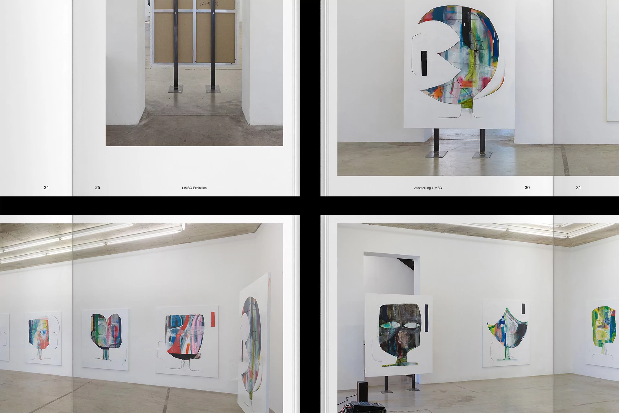 Art exhibition featuring abstract face paintings on white canvases with minimal metal stands in a bright, white-walled gallery space.