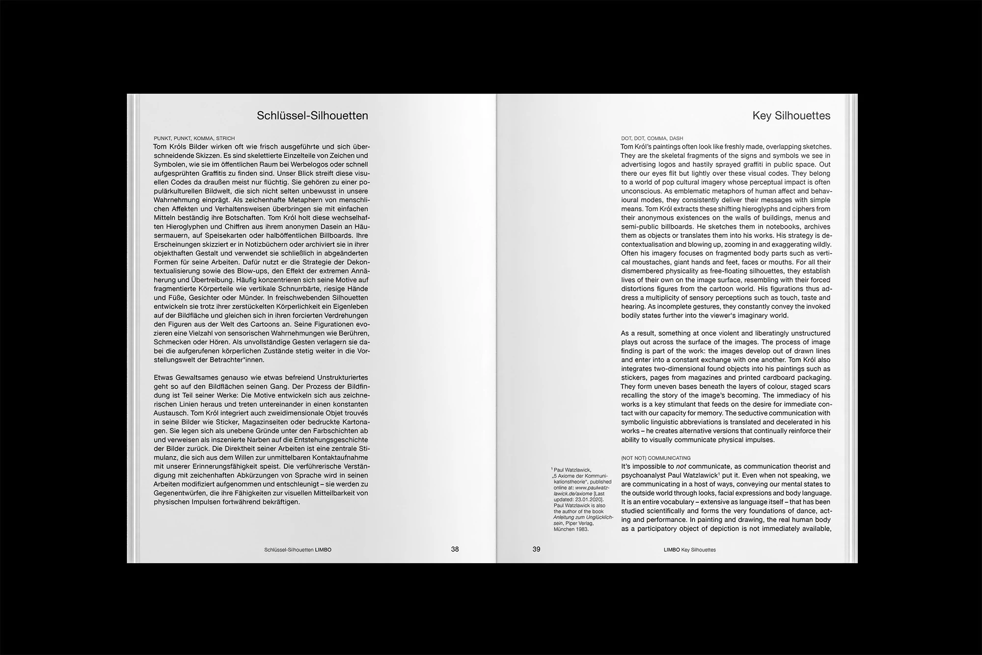 Open book pages display German and English text about silhouettes, advertising logos, pop culture, and symbolic linguistic abbreviations.