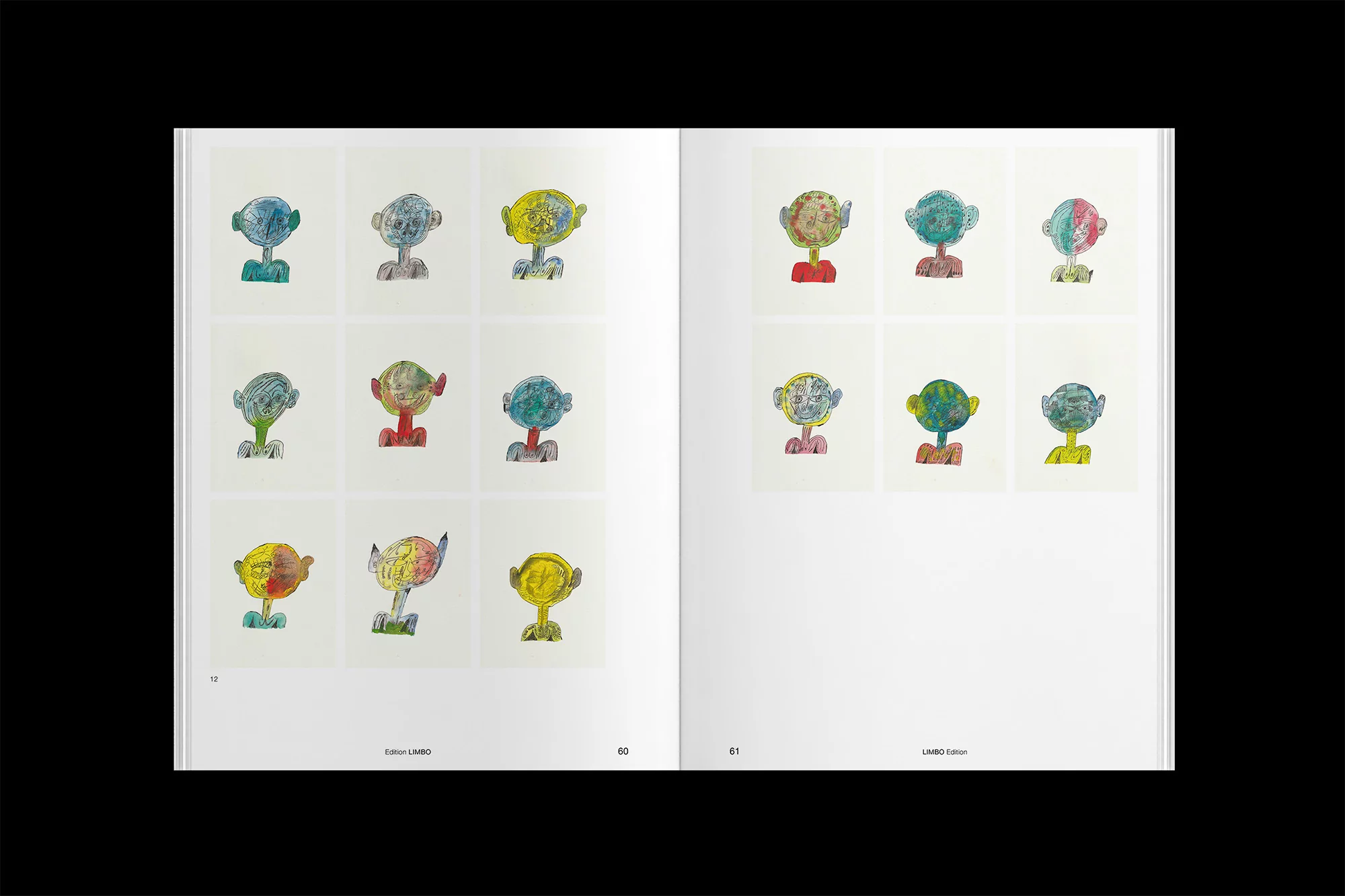 Open book displays multiple colorful drawings of whimsical humanoid figures against a white background in a studio setting.