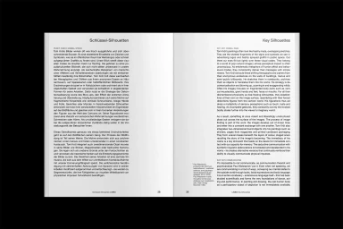 Open book spread showing bilingual typography in German and English titled Schlüssel Silhouetten and Key Silhouettes against a black border.