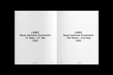 Open book spread showing minimal typography on white pages with the text LIMBO Neuer Aachener Kunstverein