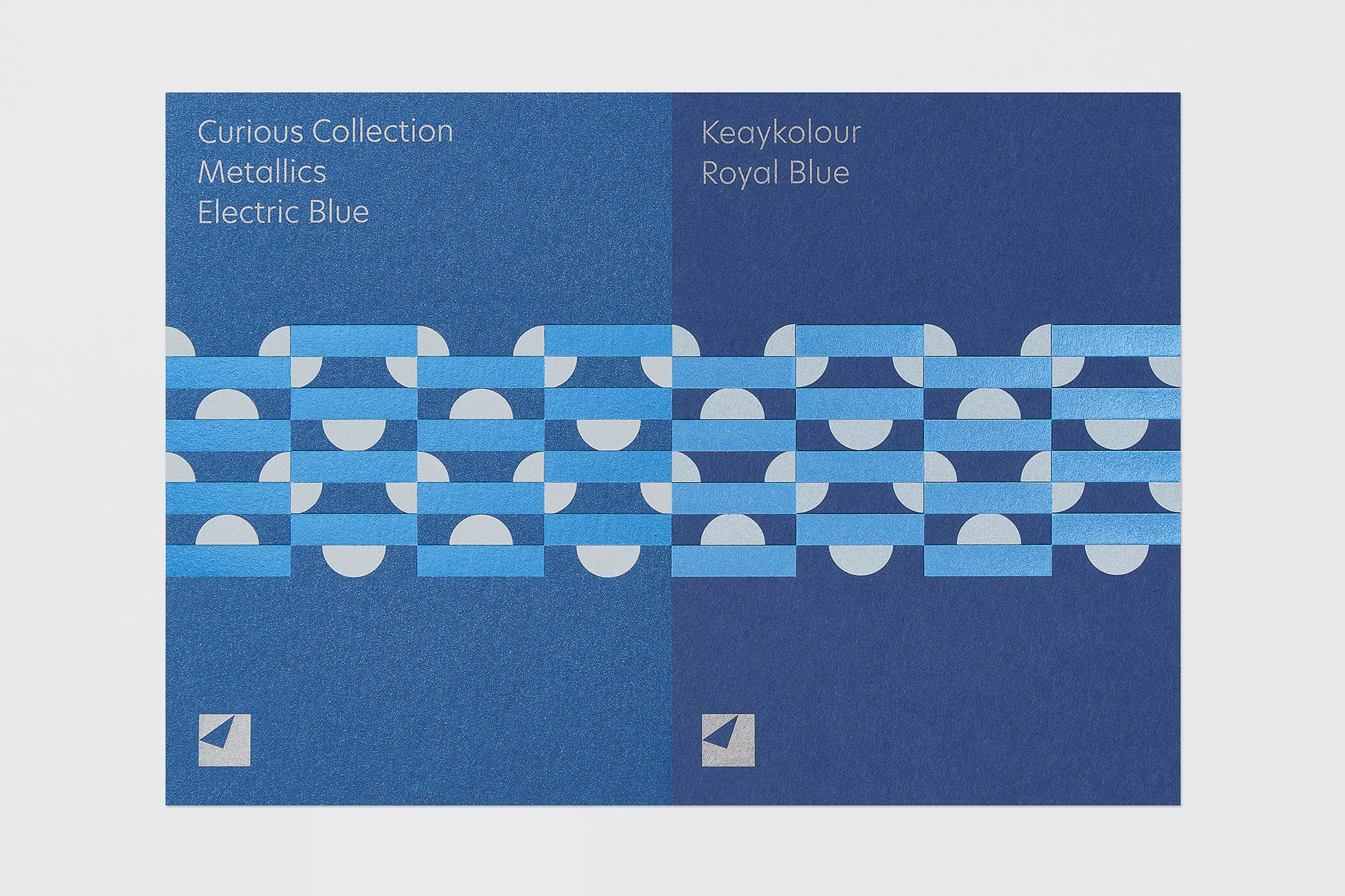 Graphic design featuring geometric pattern and paper swatches in shades of blue with the text 'Curious Collection' and 'Keaykolour'.