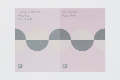Arjowiggins paper sample featuring Curious Collection Metallics and Keaykolour Pastel Pink with geometric semicircles