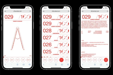 Three mobile phone mockups displaying a minimalist red and white web interface with numerical lists and line art graphics against a black background.