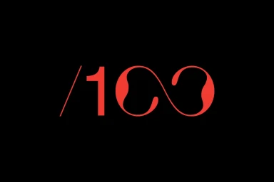 Red typographic brand logo reading /100 centered against a solid black background