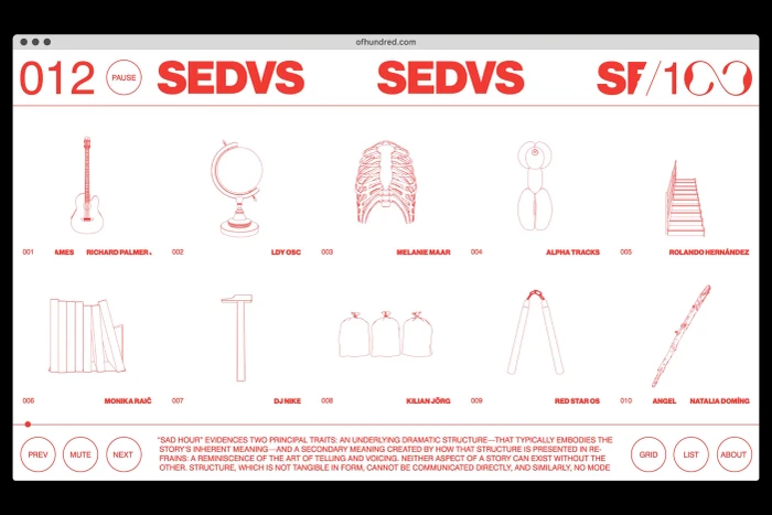 Web interface grid with red line art illustrations and typography on white background for 100 brand identity project