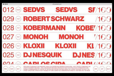 Website interface showing red typographic index list with numbers and brand name over a clean white background