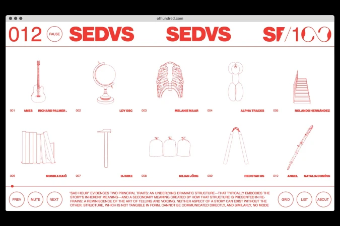 Web interface grid with red line art illustrations and typography on white background for 100 brand identity project