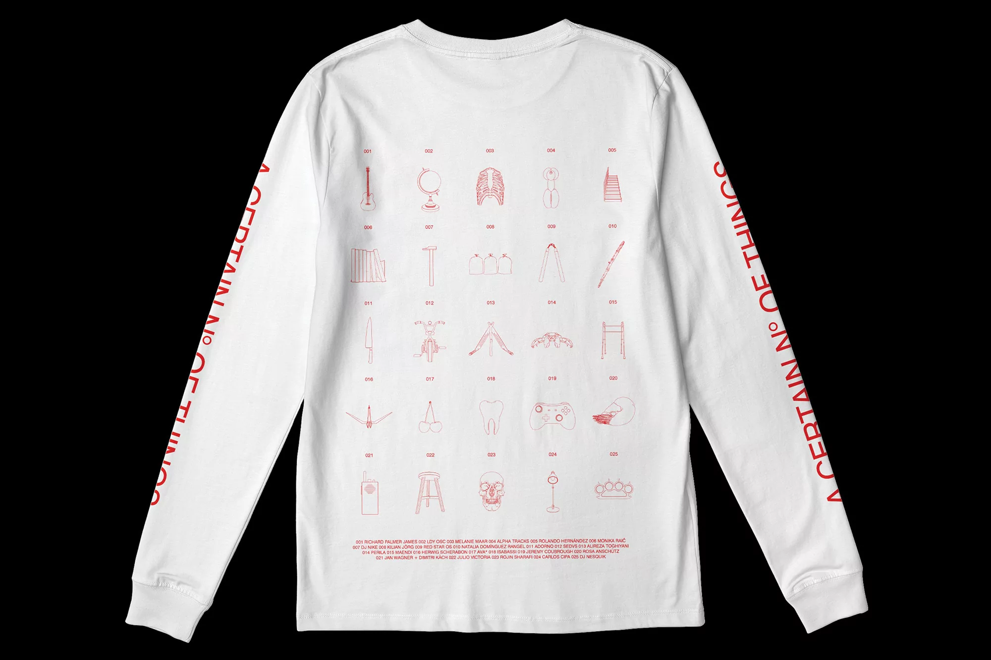 White long-sleeved shirt with red printed graphics showing line drawings of objects and the text 'A CERTAIN N° OF THINGS'.