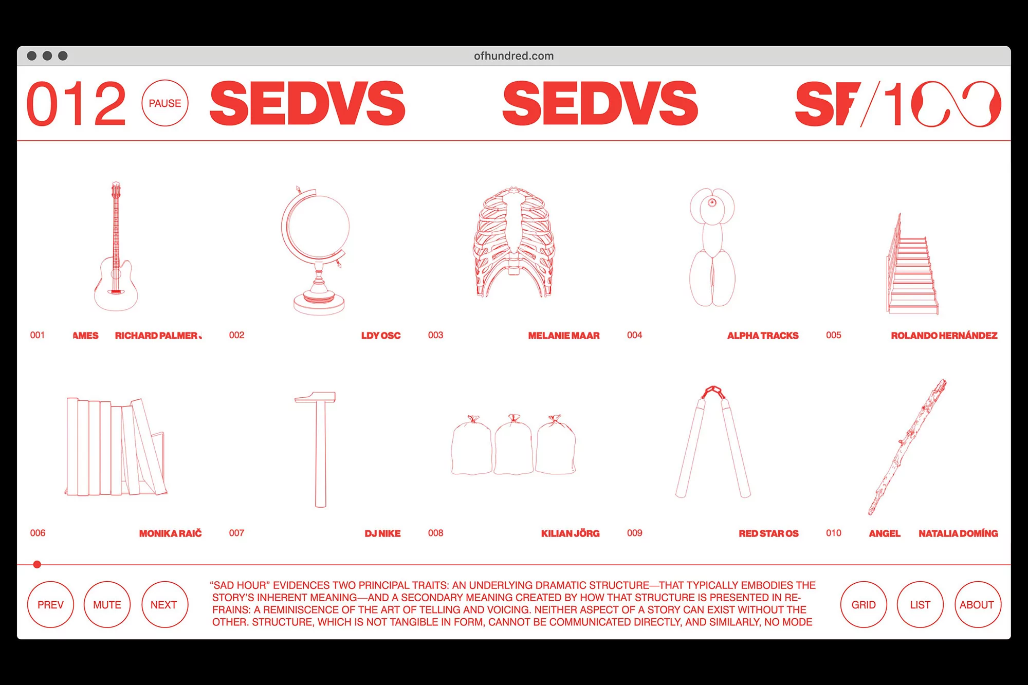 Digital art presenting outlined instruments and objects in red on a white background, displayed within a browser window, minimalist design.
