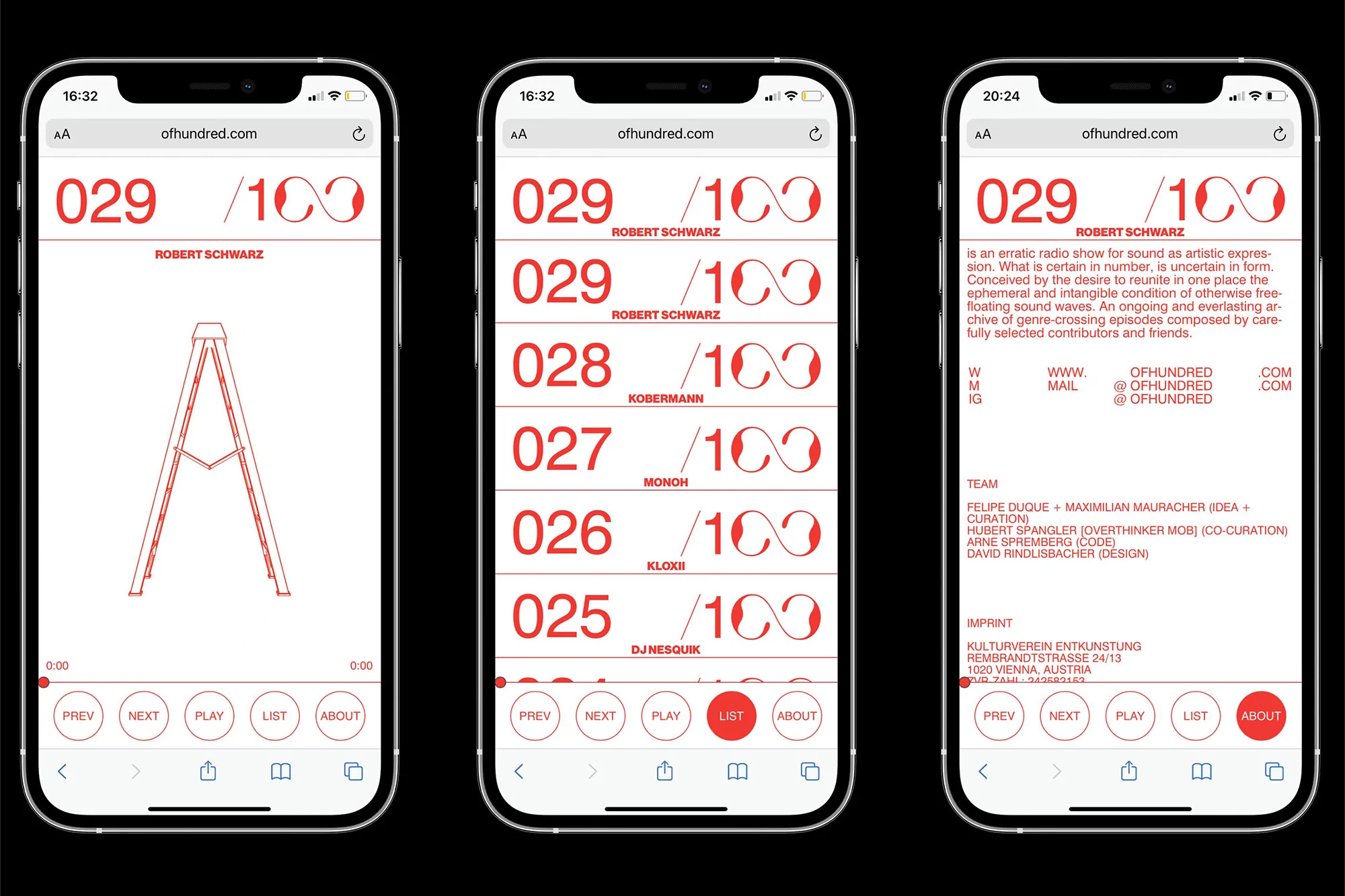 Three iPhones display a website for an erratic radio show with sound as artistic expression, featuring show details and contributors.