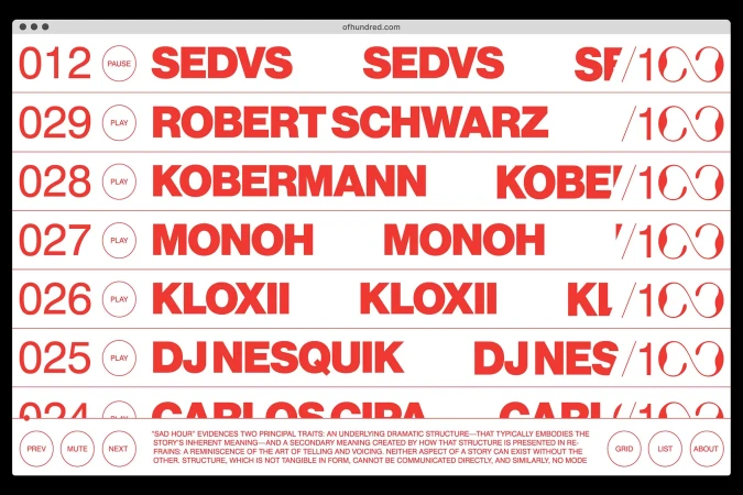 Graphic design featuring red typography and numbering on a white background, showcasing a digital interface or tracklist layout.