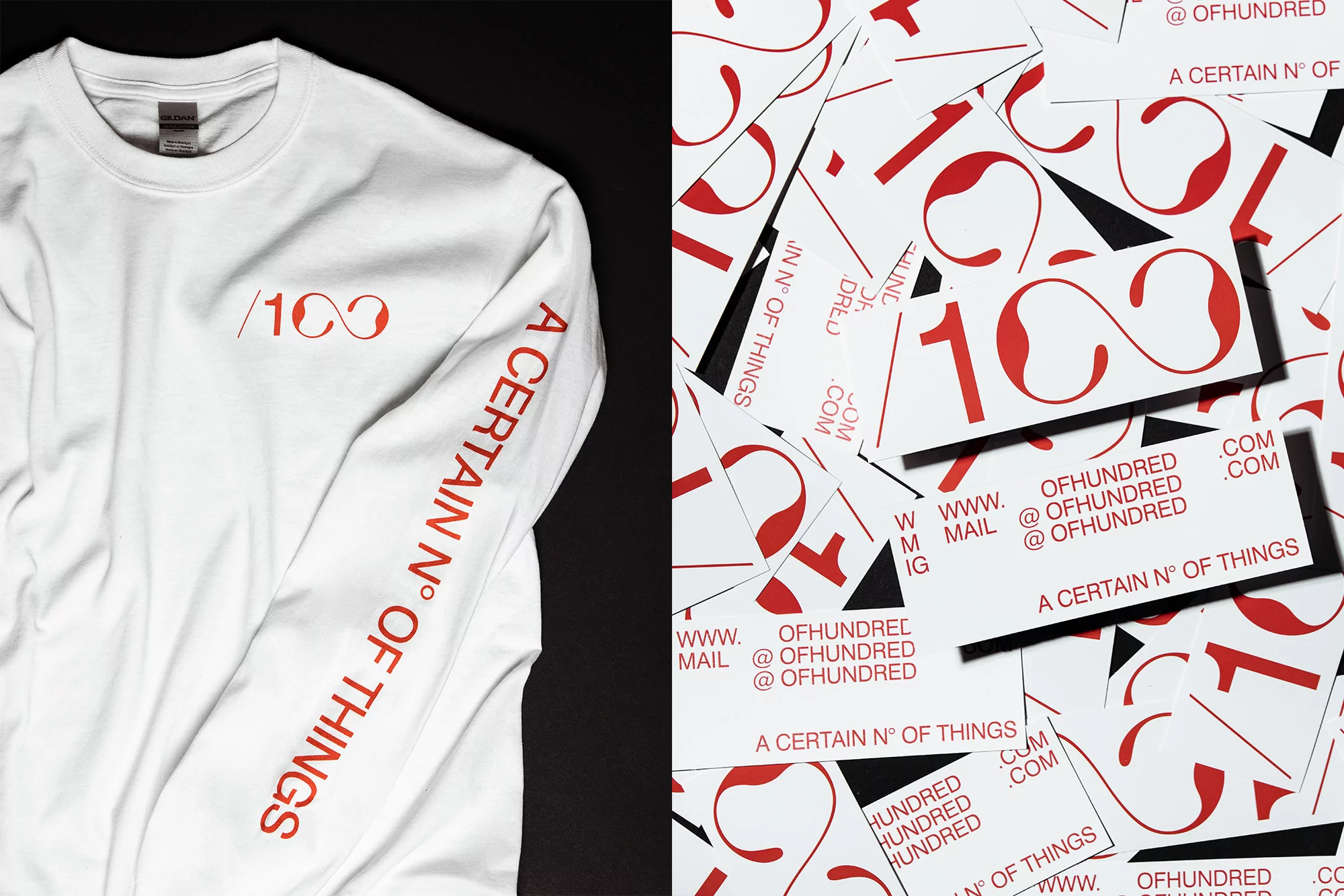 White long-sleeve shirt with a logo next to stacked business cards featuring brand's logo and contact details, red and white.