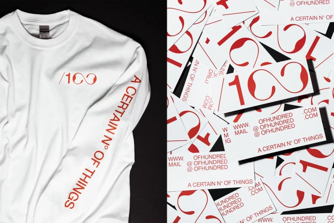 White long-sleeve shirt with a logo next to stacked business cards featuring brand's logo and contact details, red and white.
