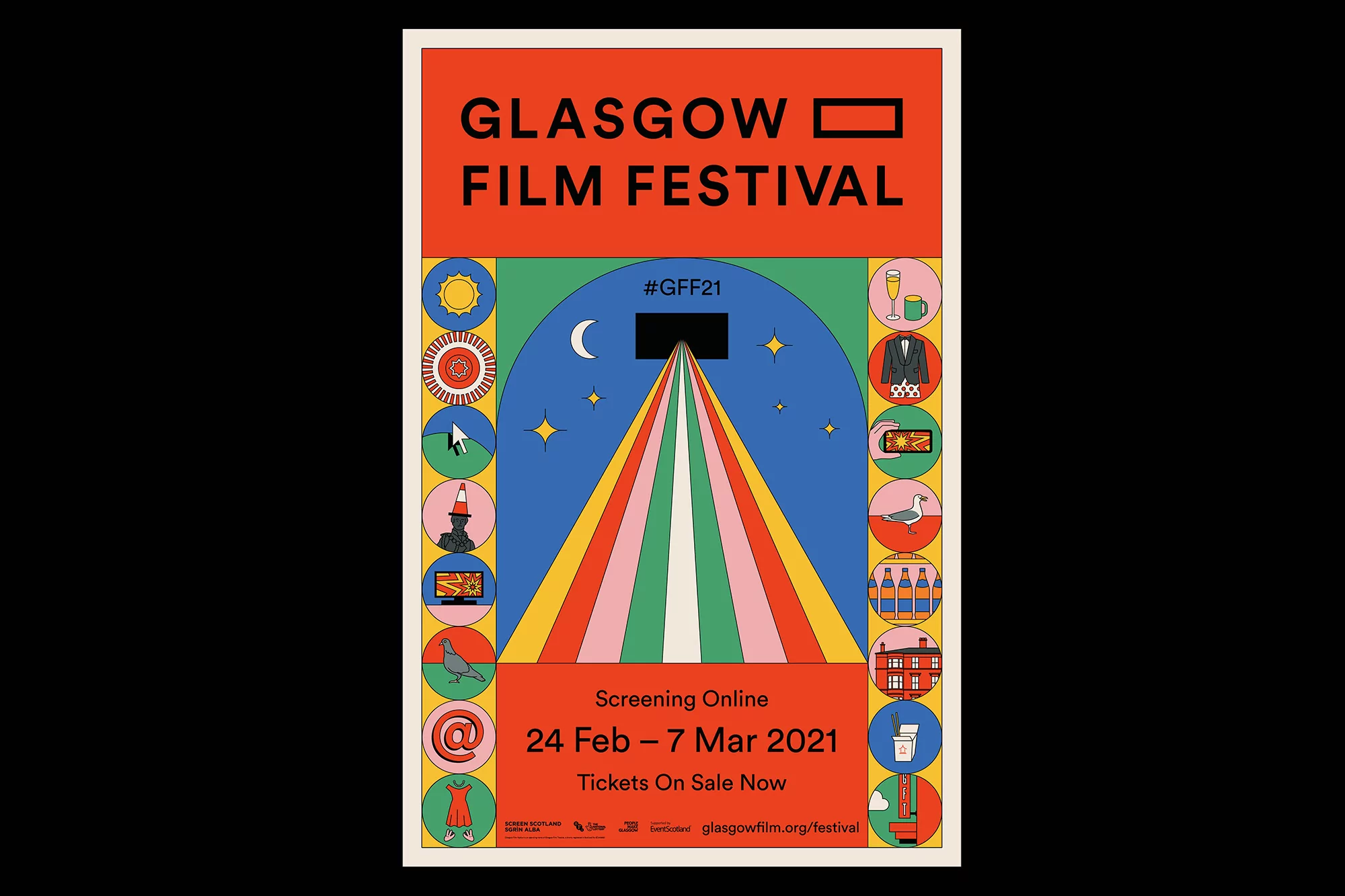 Promotional poster for the Glasgow Film Festival featuring colorful graphics, iconography, and event information.