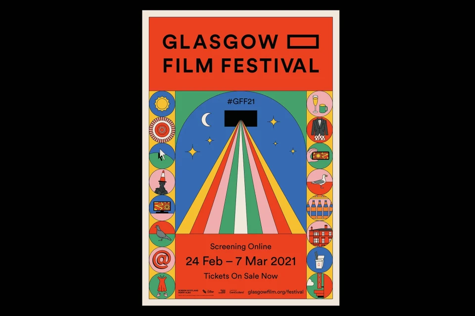 Promotional poster for the Glasgow Film Festival featuring colorful graphics, iconography, and event information.